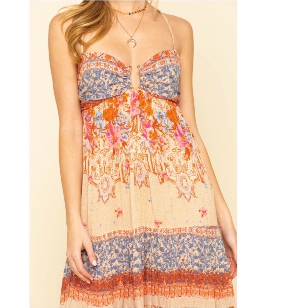 Free People Beige Floral Tiered Maxi Dress with Red and Blue Accents - Picture 6 of 13